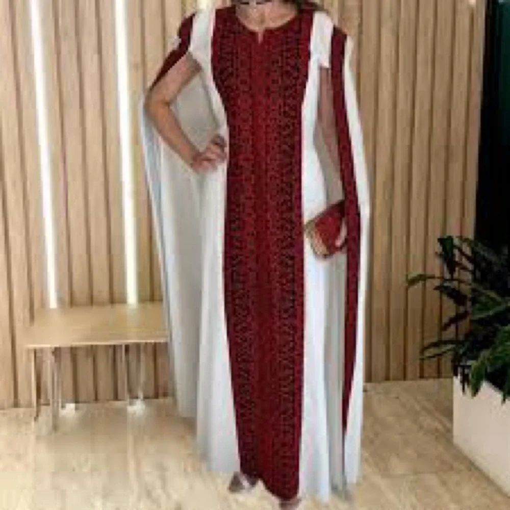 Red Black Embroidered Maxi Kaftan Dress with White Cape Overlay Size M - Picture 2 of 7